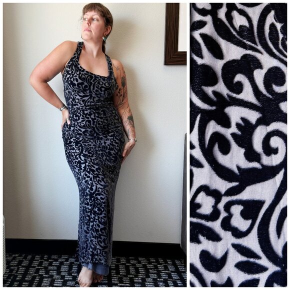 Vintage 90s Velvet Burnout Patterned Fitted Sheath Dress Gown S/M - Picture 1 of 16